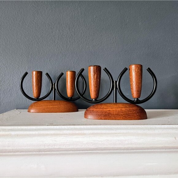 Danish Teak Candleholders Set of Two Luthje Denmark Modernist Brass Metal Wood - Picture 1 of 9